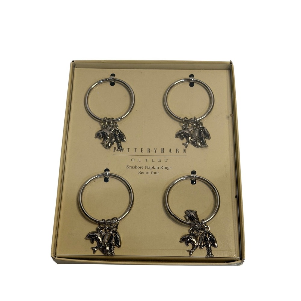 NEW Pottery Barn Seashore Napkin Rings Set of 4 Silver Coastal Charm Table Decor